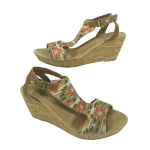 Minnetonka Duffy Women’s Cork Wedge Leather Buckle Sandals Tribal Aztec Size 10